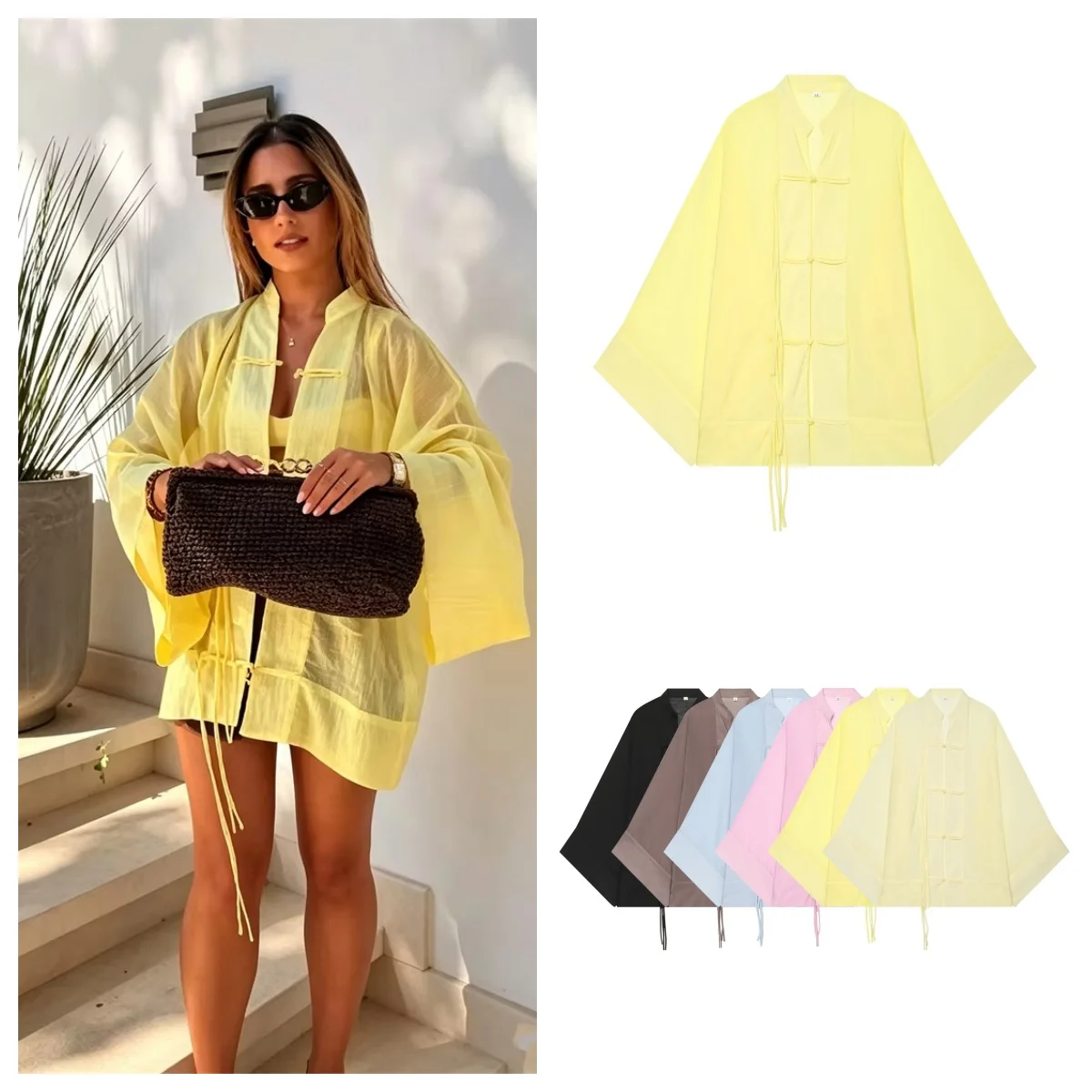 Guobioziy Women's Shirt 2026 Summer New European Fashion Rope Knot Button Long Sleeve Thin Loose Elegant Street Holiday Style