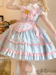 KIMOKOKM Kawaii Sweet Lolita Ruffles JSK Maid Dress Sweetheart Sleeveless Contrasting Color Bow Full Sleeve Girly Camisole Dress