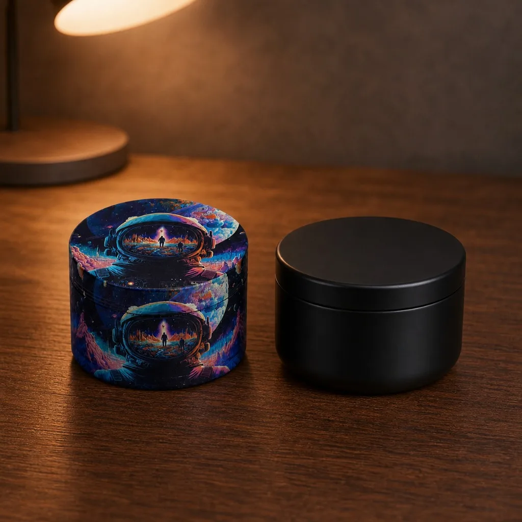 50mm Colorful Astronaut Space Landscape Zinc Alloy Herb Grinder 4 Layer Hand Operated Tobacco Mill with Black Storage Jar Set