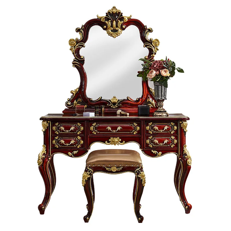 

Neoclassical dressing table bedroom red sandalwood dressing table European luxury dressing table makeup mirror makeup stool
