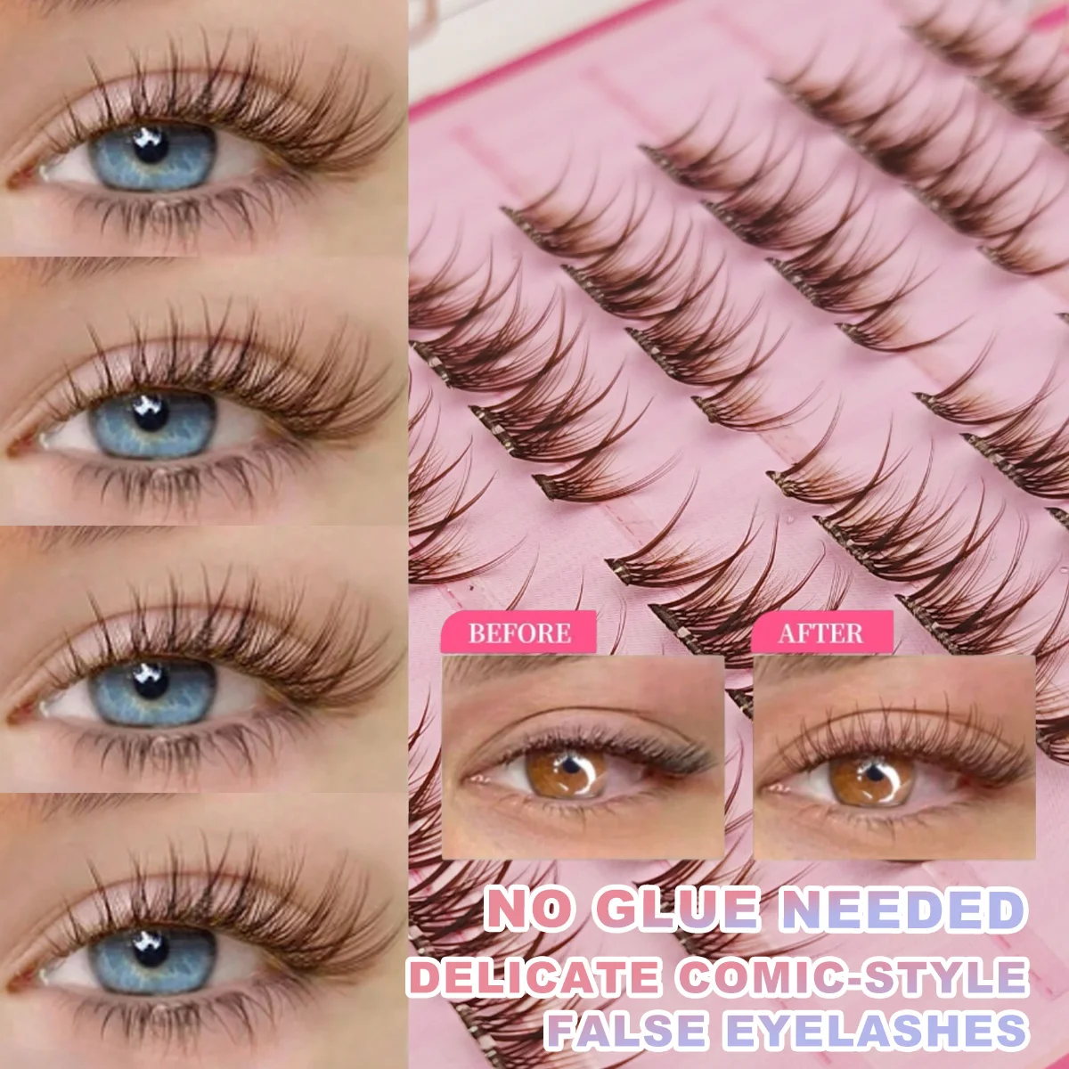 80 Stück, kein Kleber, natürliche braune Wimperncluster für Anfänger, selbstklebende Manga-Wimpernverlängerungen, einzelne Wimpern für den Alltag