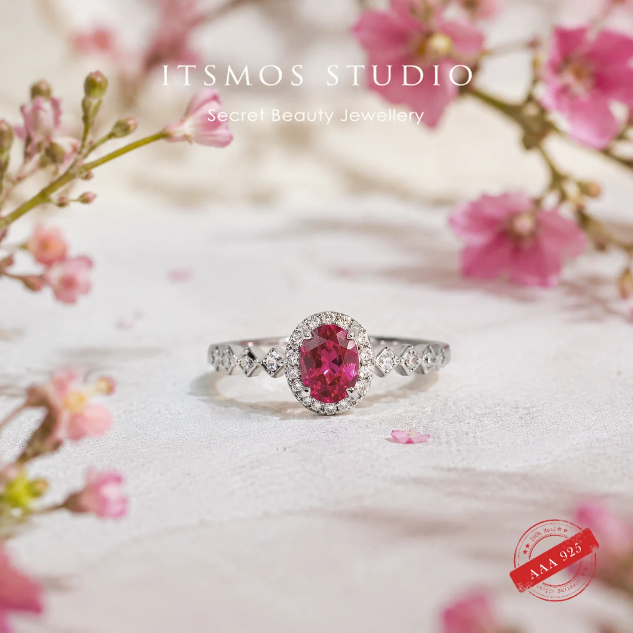 ITSMOS Dainty Genuine Heated Red Ruby Oval Halo Ring - Art Deco Geometric Sapphire Band Silver Vintage Jewelry Gift for Her