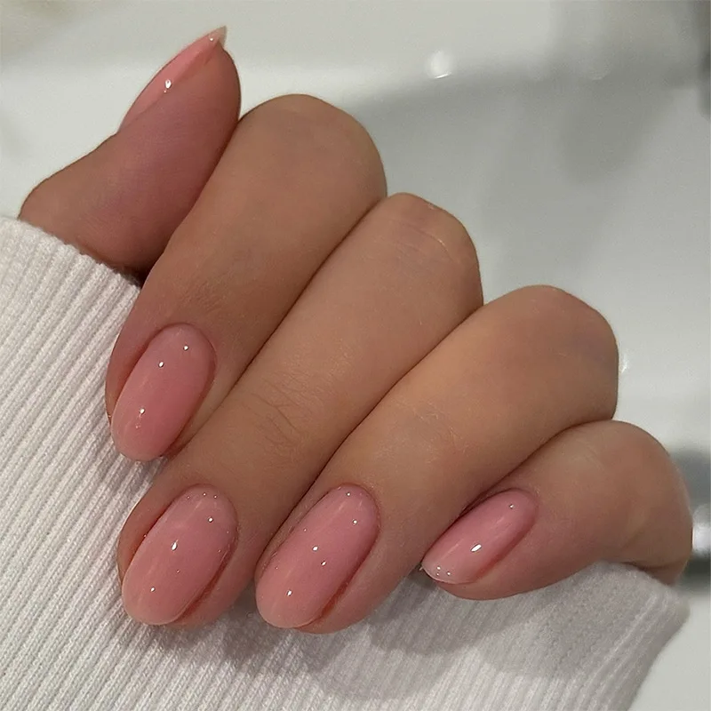 24Pcs Short Round Oval Head Simple Press on Nails Solid Color Cute Detachable Finished Nails Set Press on Acrylic Fashion Nails