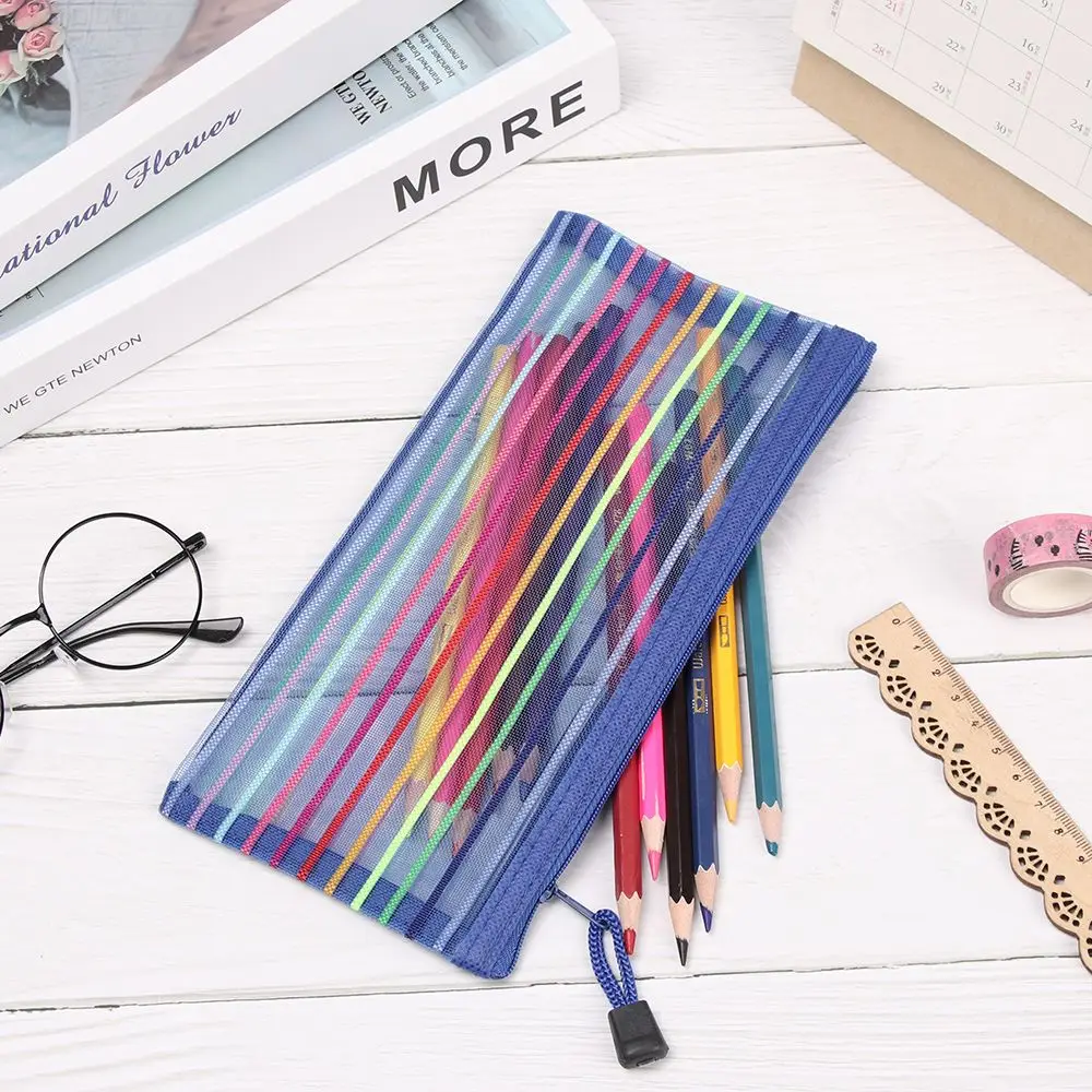 

1pc Fashion Handbags Nylon Makeup Cosmetic Rainbow Color Grid Zipper Pencil Case Mesh Pen Bag Cosmetic Storage