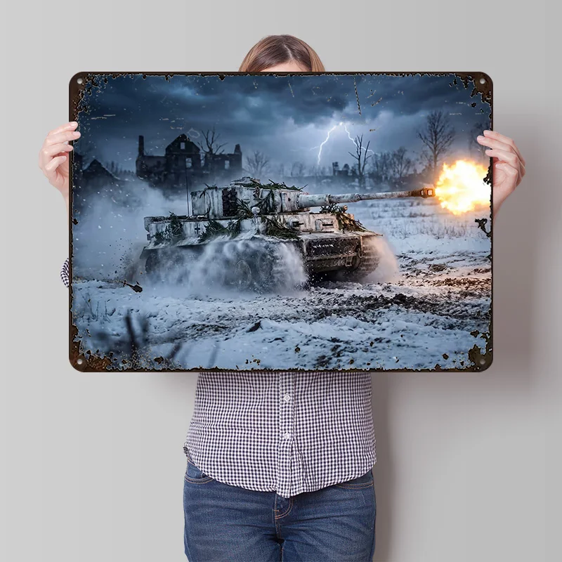 Tiger-Panzer im Winterlandschaft-Poster, personalisierte Vintage-Metallschilder, Wandkunst, Retro-Blechschild zur Dekoration von Zimmer und Haus