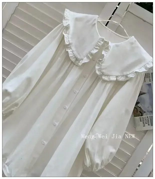 Damenhemden, einfarbig, mit langen Puffärmeln, Peter-Pan-Kragen, koreanischer Stil, modische Oberteile, Retro-Damenbluse, schlicht, lässig, vielseitig kombinierbar. – Detail 19