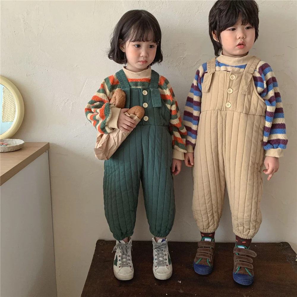 2023 Autumn Winter unisex solid color quilted overalls Korean style boys and girls warm thick casual suspender trousers 2-6Y