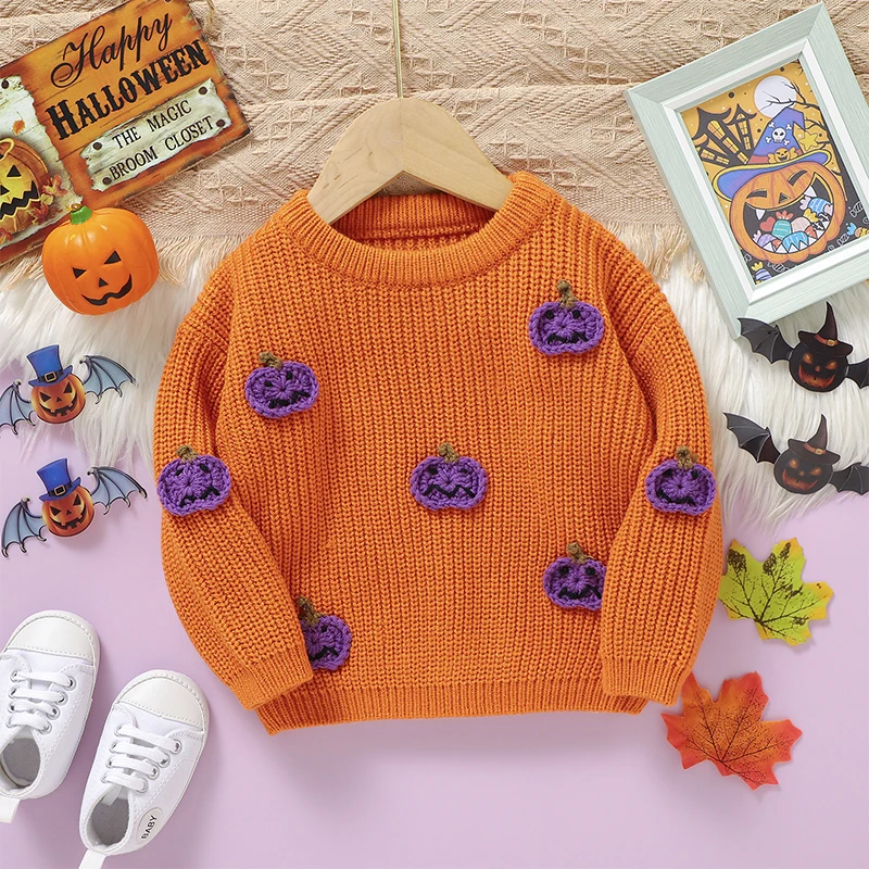 Toddler Baby Halloween Outfit Girl Boy Pumpkin Knit Sweater Pullover Sweatshirt Warm Knitwear Fall Winter Clothes