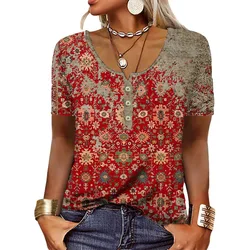 Elegant Shirts For Women Short Sleeve Fashion Ethnic Style Loose Retro Casual Button Blouses 3D Flower Print Loose Summer Tops