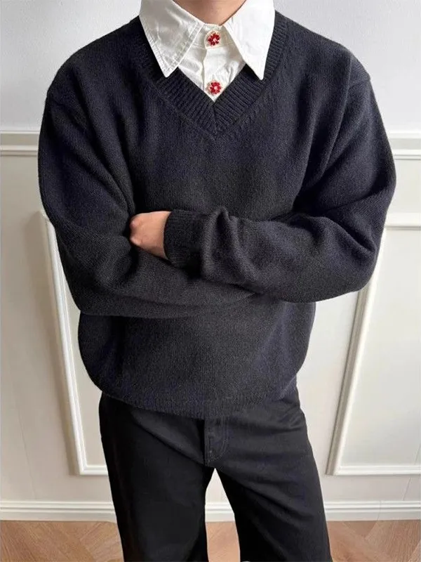 

Высококачественный вязаный свитер с V-образным вырезом для мужчин, повседневный, свободный, универсальный, для работы и отдыха, мягкий, свободного кроя, для ежедневной носки