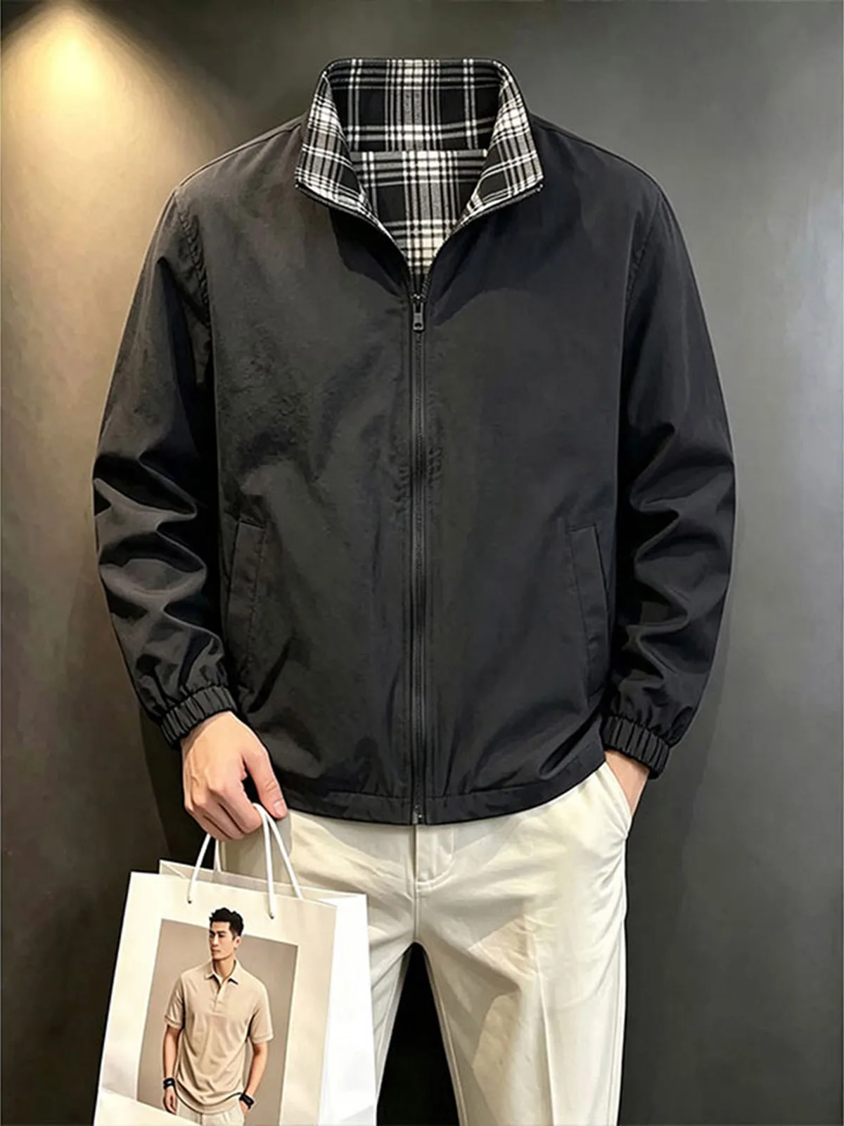 Blue Plaid Contrast Color Collar Jacket for Boys Autumn Design Sensation Youth Baseball Outfit American Casual Style