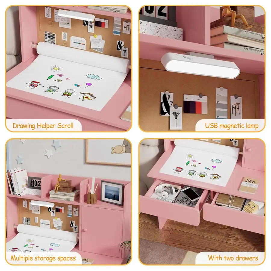 Wooden Kids Study Desk and Chair Set, Childrens Desk with Light and Paper Roll Rack, 2 Drawers,Storage Cabinets and 3 Storage Op
