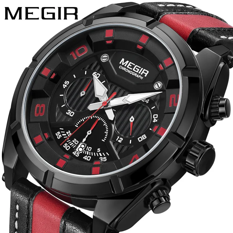 

MEGIR Fashion Men's Chronograph Quartz Watches Leather Strap Luminous Hands 24-hour Sports Analogue Wristwatch for Man 2076White