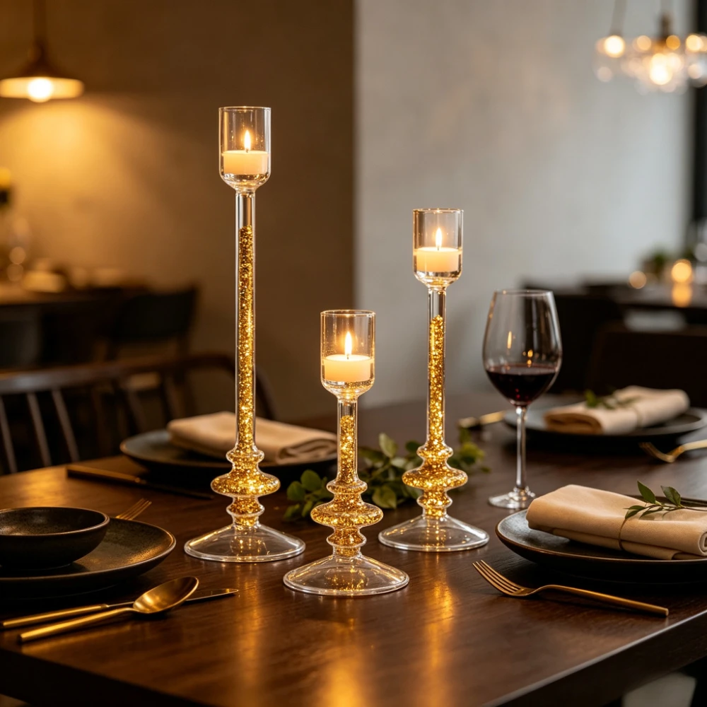 3Pcs Luxury Glass Candle Holders Gold Silver Glitter High Footed Candlestick Romantic Candlelight Dinner Home Decor