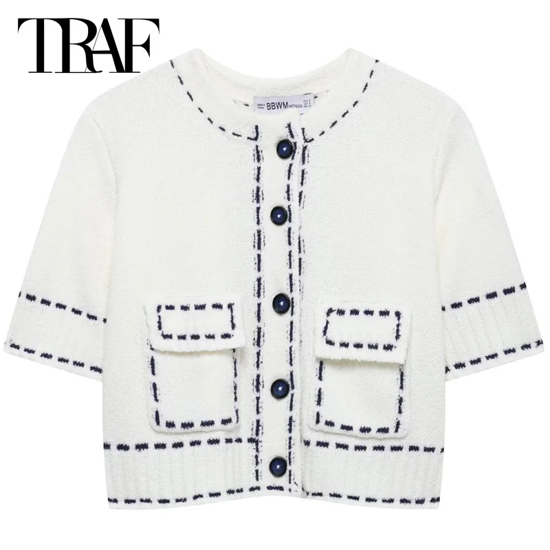 

TRAF 2025 New Knit Cardigan Spring Summer Woman Sweater Crop Short Sleeve Topstitching Knitwear Outerwears White Cozy Sweaters