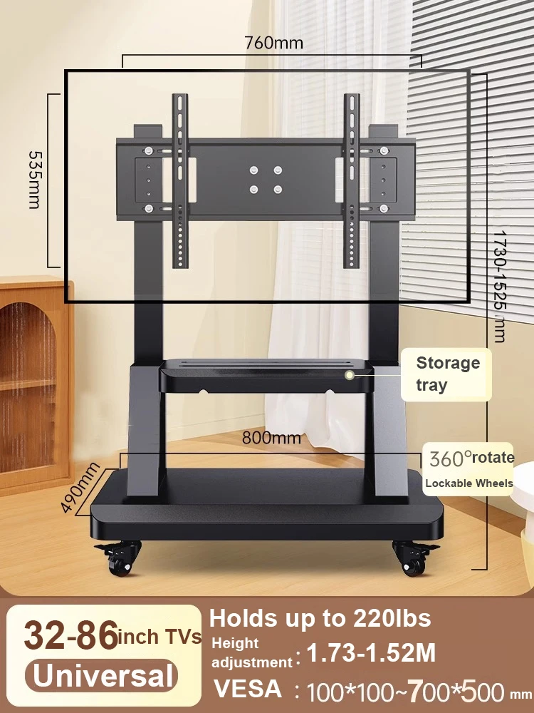 Mobile TV Stand for 32-86” TVs,Tilt TV Cart Holds up to 220 Lbs Portable Stand with Storage Shelf Rolling Floor VESA 700x500mm