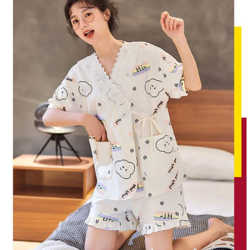 Sommer japanische Kimono Kurzarm Baumwolle Pyjama Frauen Shorts Kawaii Kleidung Lounge wear lose Pyjama Sets Nachtwäsche Mujer