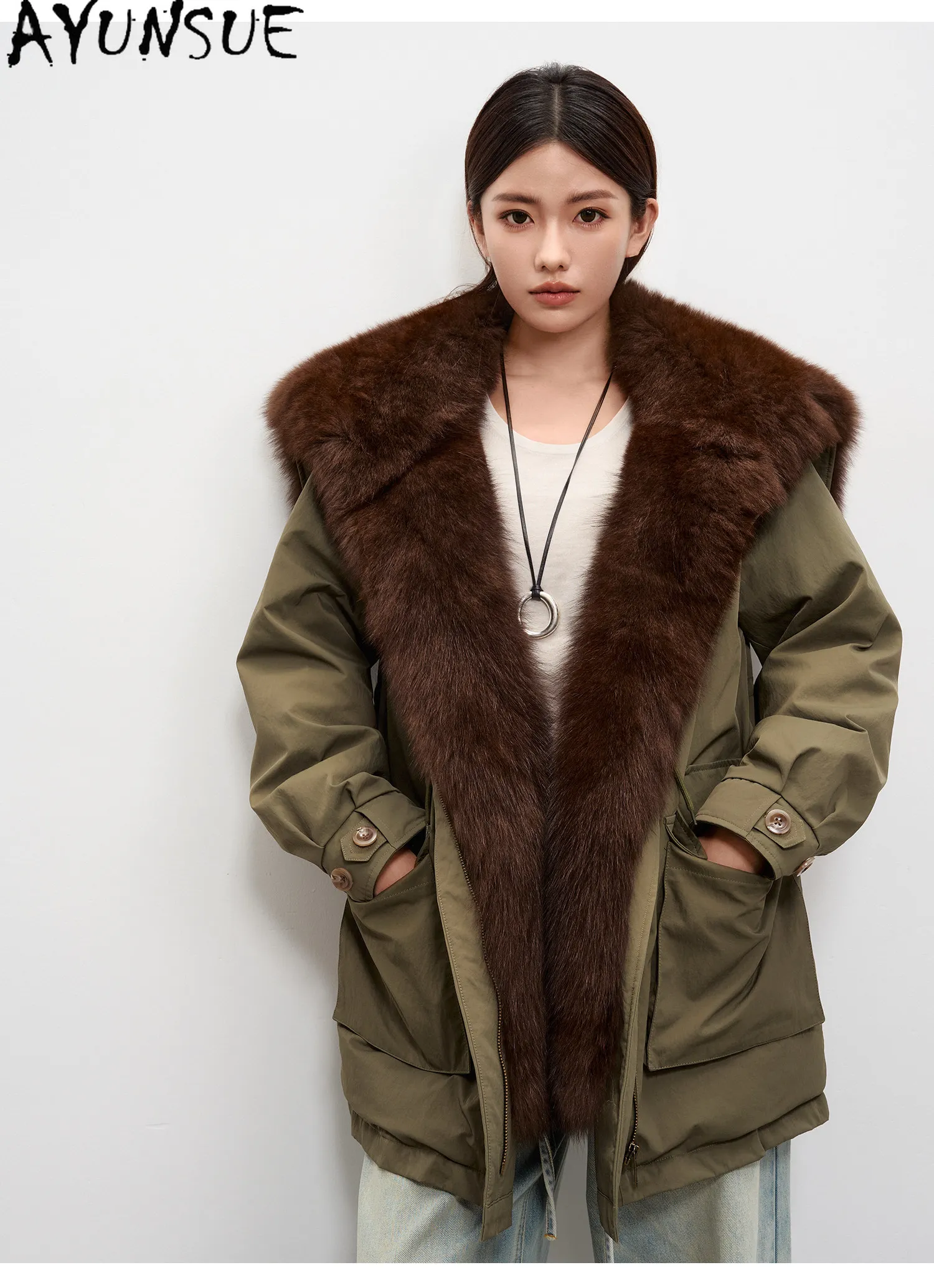 AYUNSUE 90% White Goose Down Coat Womens Winter Clothes Oversized Fox Fur Collar Mid Length Parka Female Loose Fit Clothing 2026