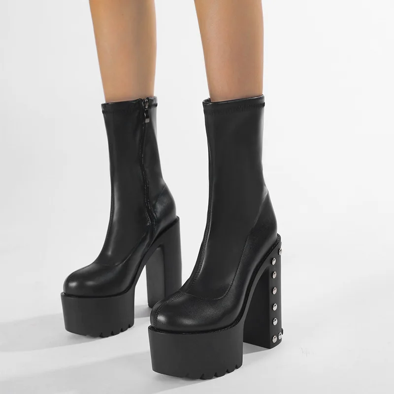 

14cm Black High Heel Platform Women's Boots Ankle Booties Autumn Winter Fashion Side Zipper Combat Mid Calf Boots Cosplay Shoes