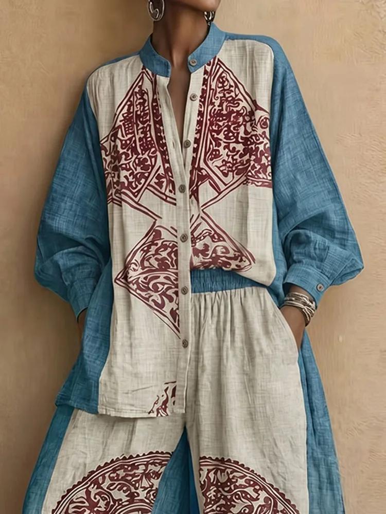 Yeezzi Women Vintage Ethnic Printed Stand Collar Matching Shirt 2026 Long Sleeves Loose Elegant Bohemia Casual Vacation Blouse