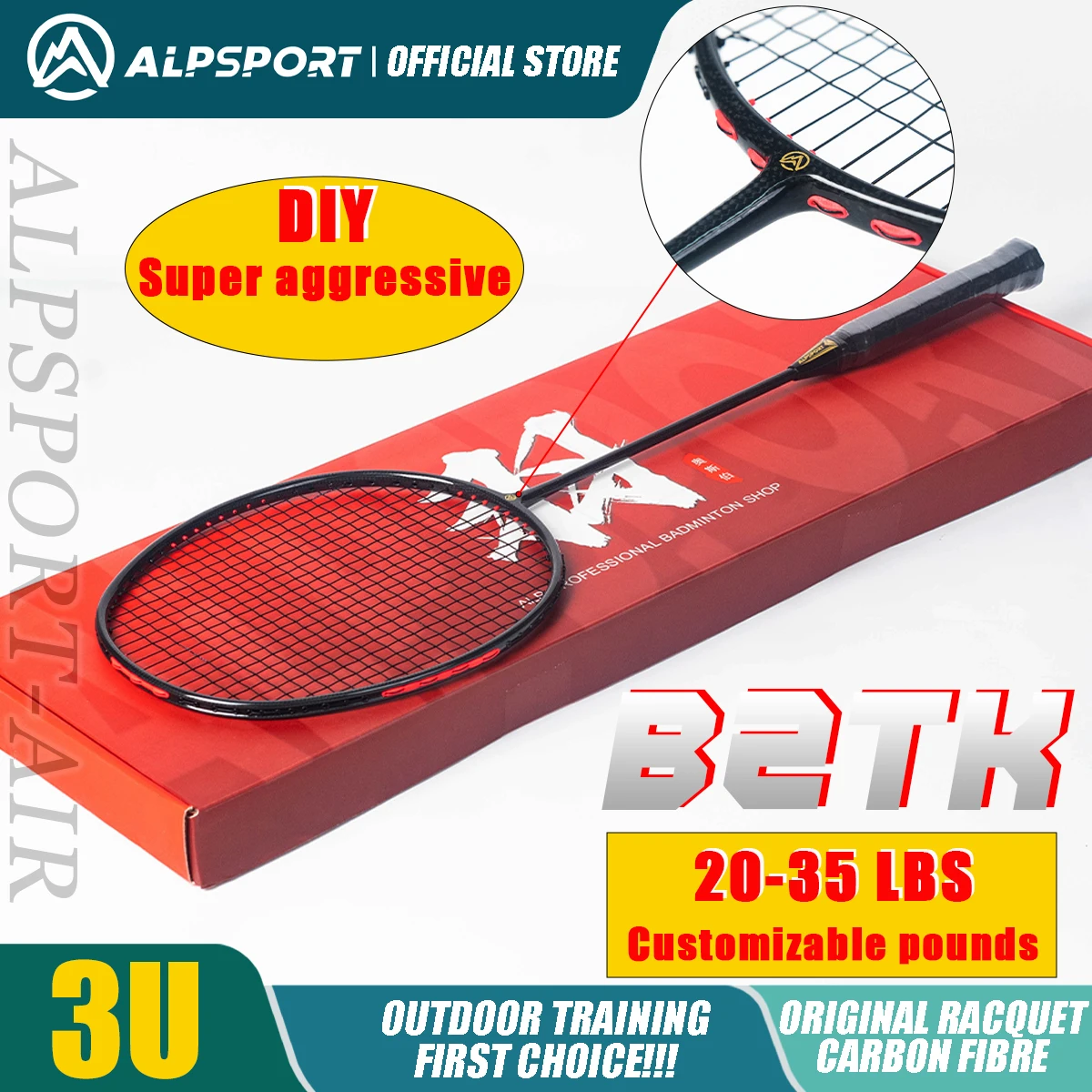 Alpsport BZTK 3U Offensive 90g T800 Badminton Racket Legal Original Imported Maximum 38 lbs Professional Carbon Fiber