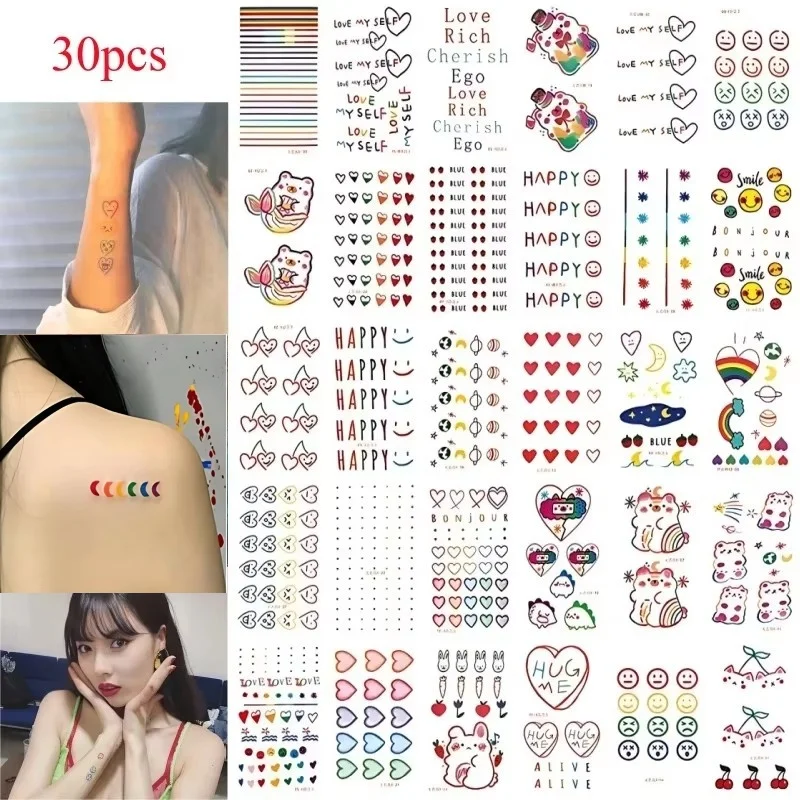 30pcs/set Colored Fake Tattoo Waterproof for Children Bear Smiling Face English Letters Heart Line Tattoo Adhesive Party Favors