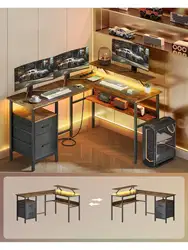 Scrivania da gioco a forma di L VASAGLE: prese di corrente, supporto per Monitor, luci a LED. 2 cassetti, facile montaggio. Ufficio a casa. Marrone rustico.