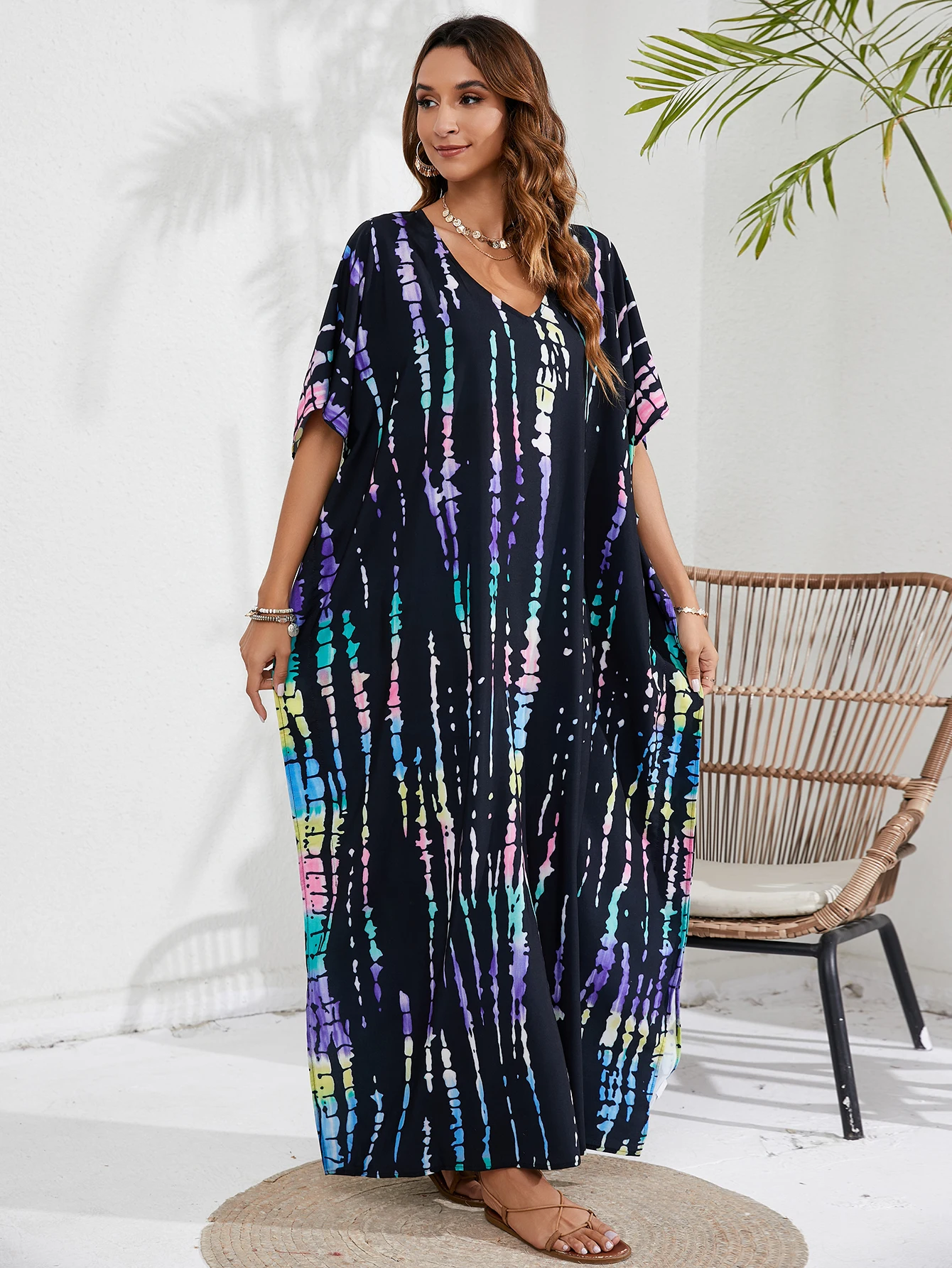 Damska sukienka z dekoltem w stylu Boho Plus Size Tie Dye z rękaw w kształcie skrzydła nietoperza dekoltem w szpic