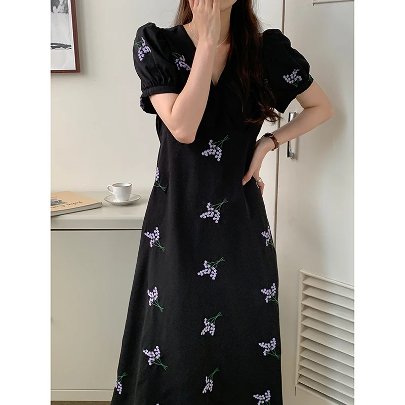 Ele V-ne Bubble Sve Dr Mujer Retro Cintura haciendo bordado floral Trabajo pesado Largo Dr Coreano Sle Commute