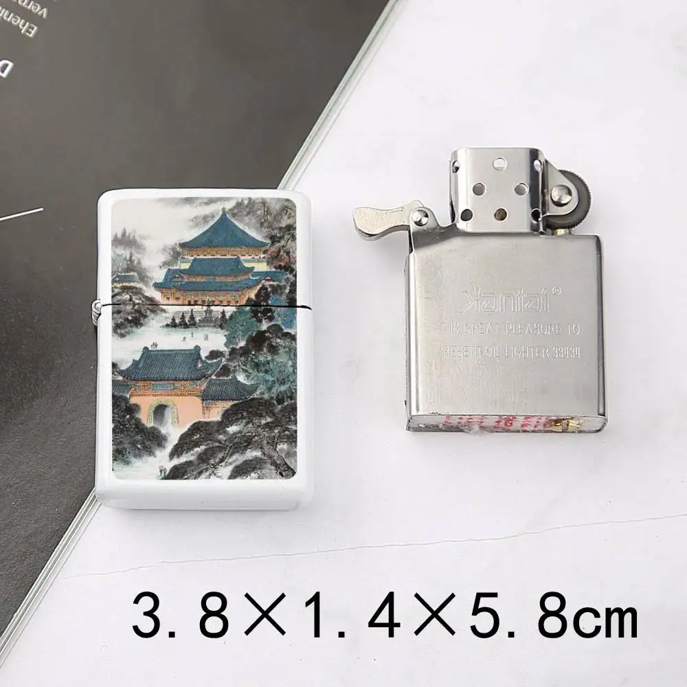 New Chinese Style Kerosiene Grinding Wheel Lighter Retro Style Metal Windproof Lighter Landscape Pattern Can Be Customized