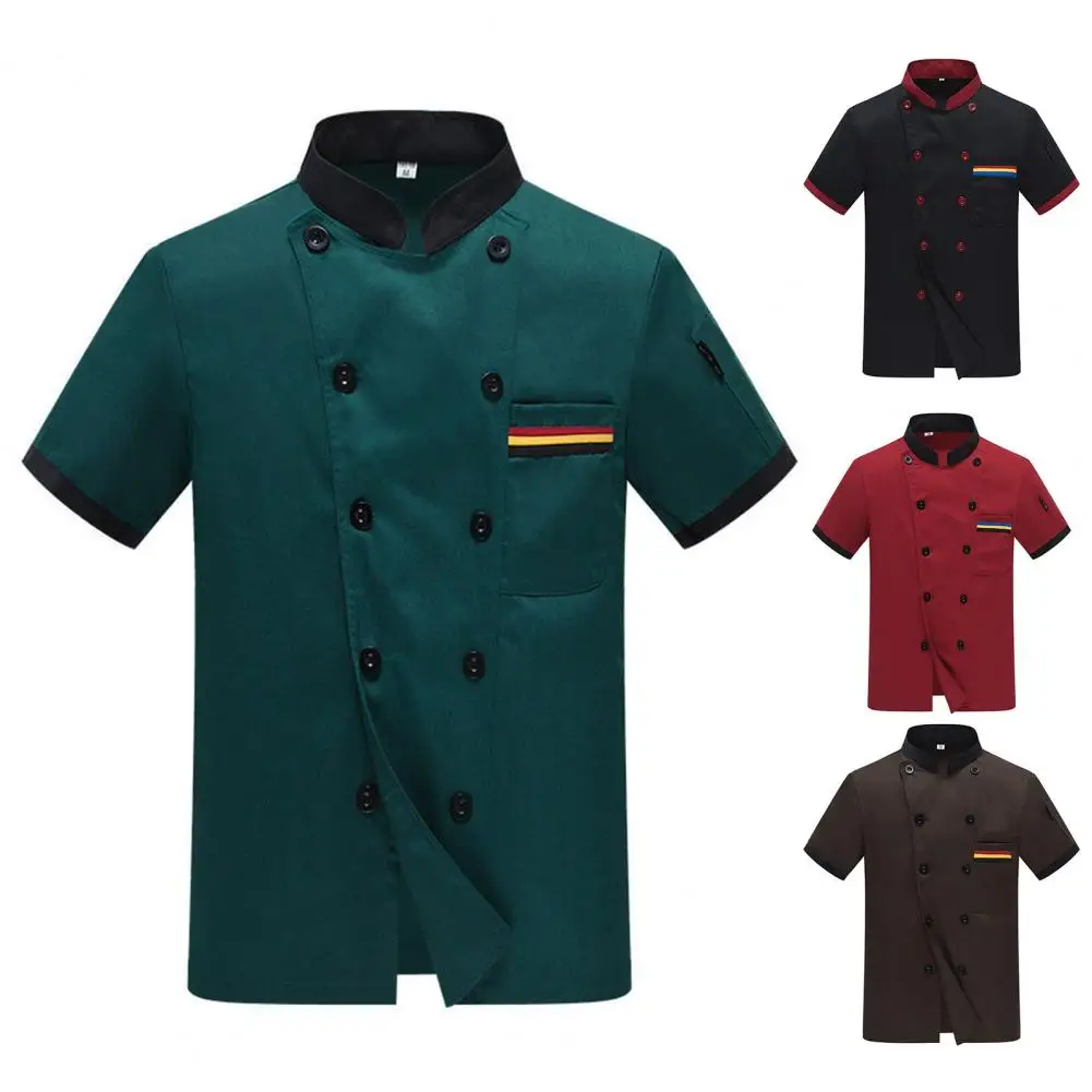 Unisex Chef Jacket Color Matching Double Breasted Short Sleeve Stand Collar Food Service Uniform Chef Shirt Waiter Top Kitchen