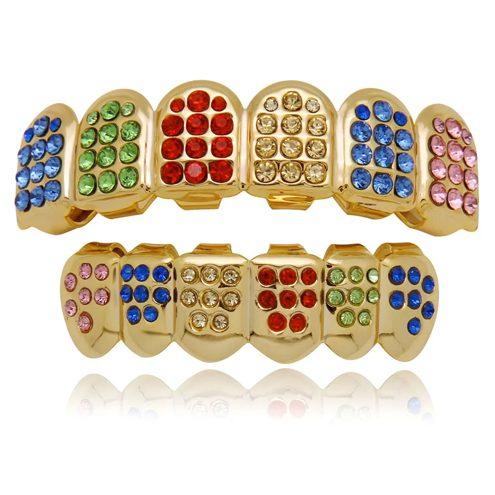 18K Gold-Plated Colored Diamond Hip-Hop Braces Grills for Men and Women with Diamond inlaid Six Tooth Vampire fangs Accessories