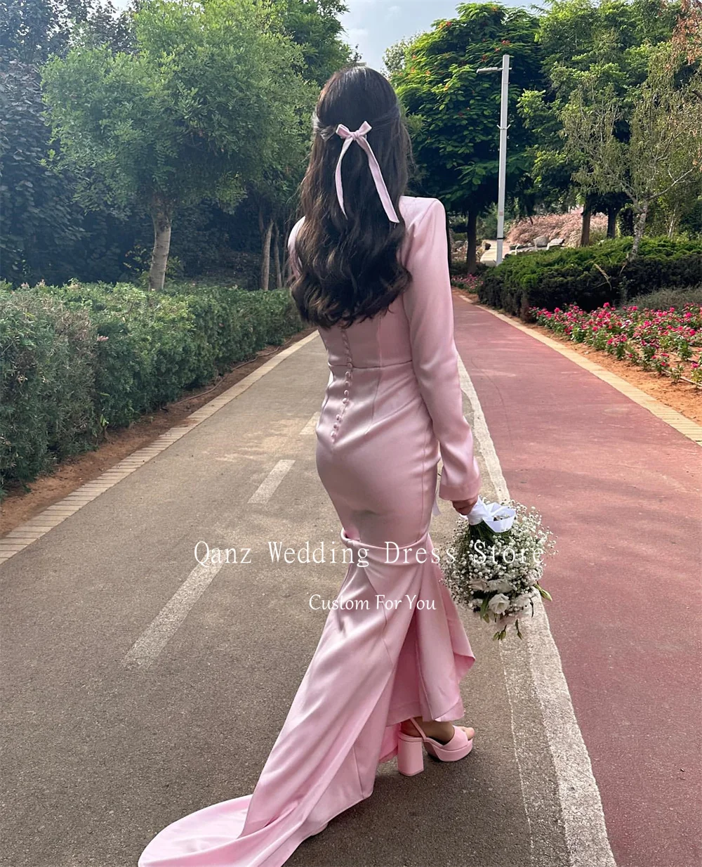 Qanz Elegant Wedding Party Dresses for Women Long Sleeves Satin Evening Dresses Mermaid Buttons Formal Dress 2025 Customized