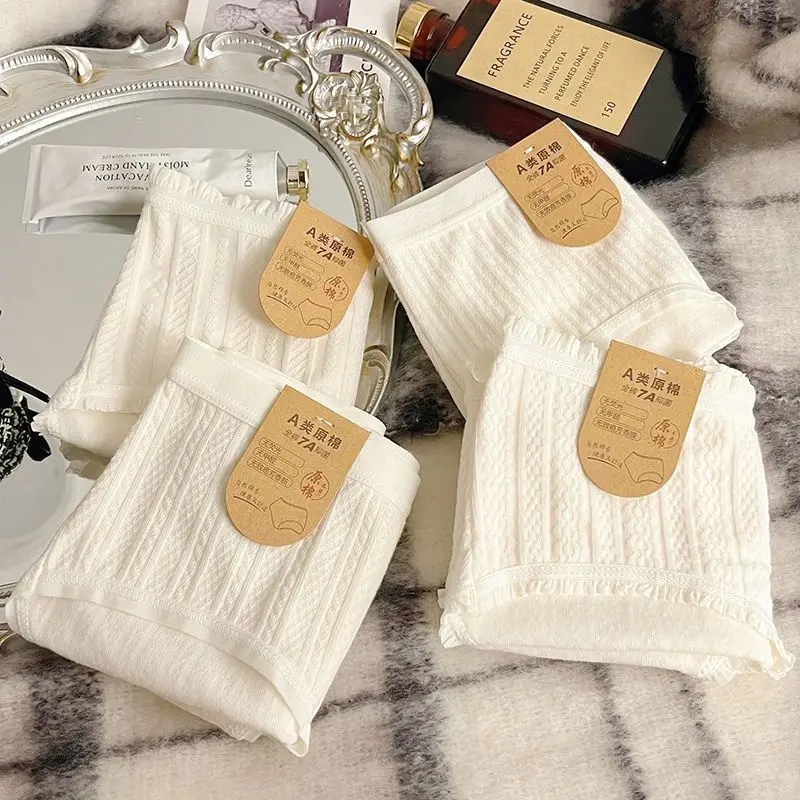 

4 Pieces Of White Women's A-class Natural Cotton Briefs No Dye Breathable Soft Mid Waist Underwear Ruffled Trim Healthy Panties