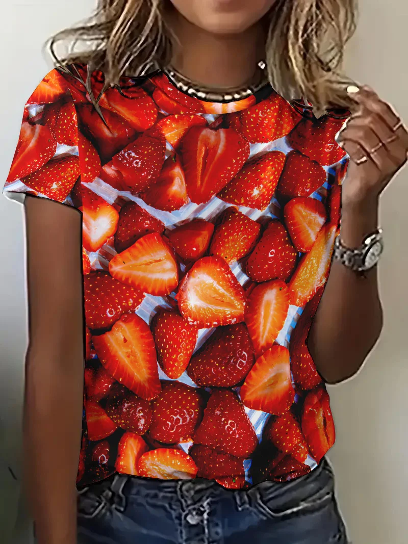 Elegant Sweet Strawberry Fruit Party Print Women T shirt 2024 New Summer Ladies Tees Casual Loose Short Sleeve Tee Shirt Girls