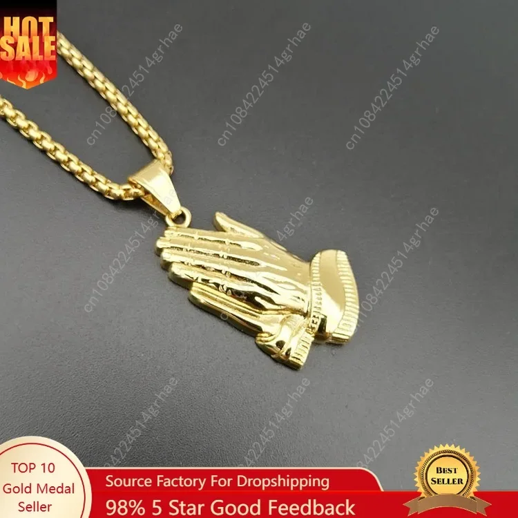 สร้อยคอจี้สแตนเลสสตีลรูปมืออธิษฐานประดับเพชรแบบฮิปฮอป สีทอง สร้อยคอพระเยซูขนาดใหญ่