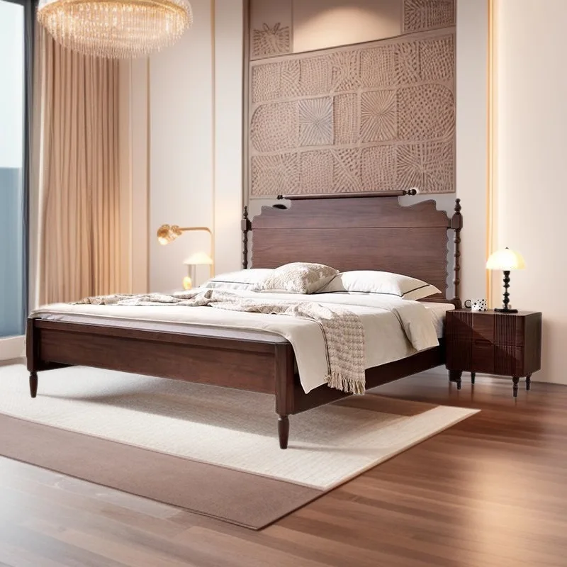 

Black walnut solid wood bed 1.8M French retro medium and ancient style high box storage tenon and mortise bedroom double bed