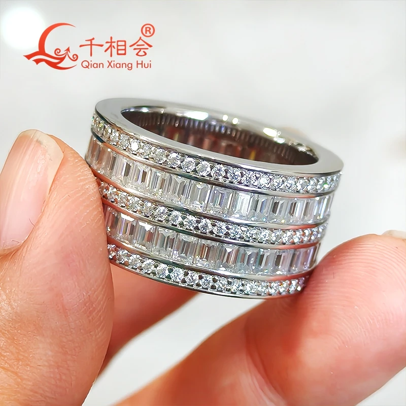 Men's 925 Sterling Silver Full Moissanite Ring, 13MM Bold Wide Band with Multi-Row Baguette Cut Stones Unique Statement Ring