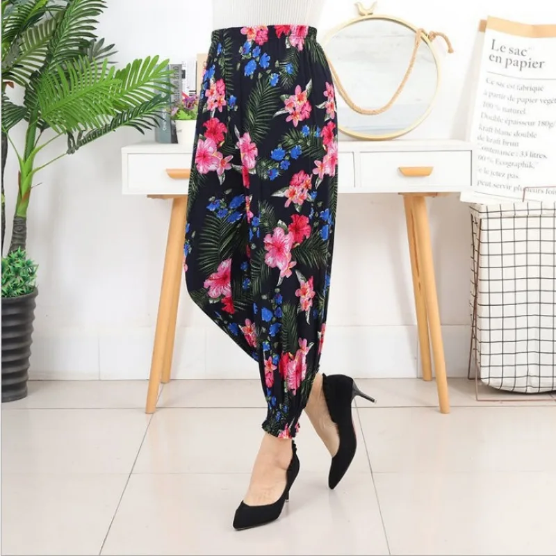 

Summer Print Floral Women High Waist Pants Thin Casual Loose Straight Pants Women Clothing Trouser Korean Elastic Waist