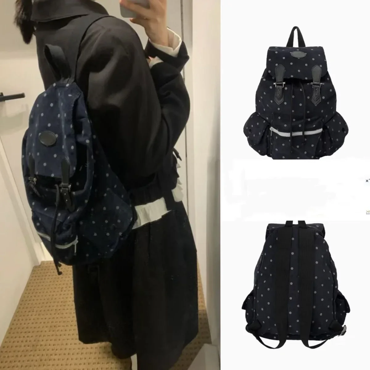 24 New South korea  Retro Polka Dot Backpack Schoolbag Commuter Large Capaci Japan fashion Polka Dot Casual Backpack