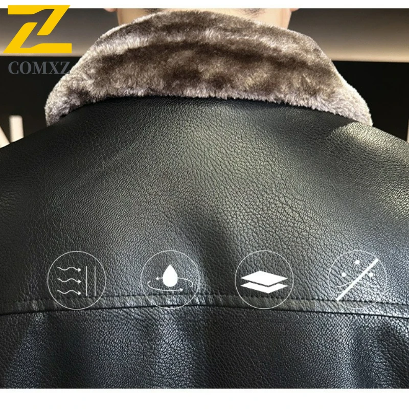 COMXZ الشتاء الرجال سترة جلدية مبطنة بالصوف الفاخرة المشي لمسافات طويلة معطف جلد دافئ الترفيه الأعمال ترتيب الأسرة طوق معطف تنوعا ق #4