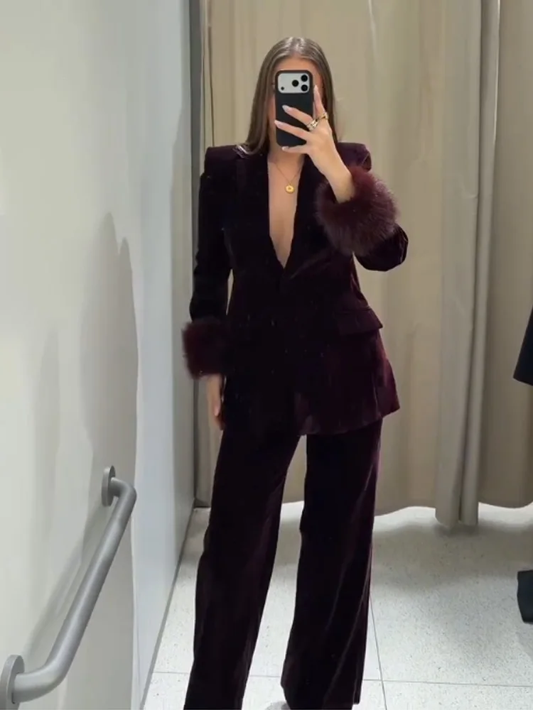 

HH Fashion Women Velvet Blazer Suit Lapel Single Breasted Pocket Faux Fur Cuffs Casual Coat+High Waist Zipper Loose Trousers