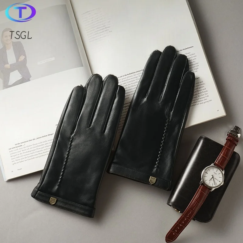 

Business Style Men Winter Driving Fashion Mittens Genuine Leather Gloves Sheepskin Windproof Velvet Lining Motorcycle Glove