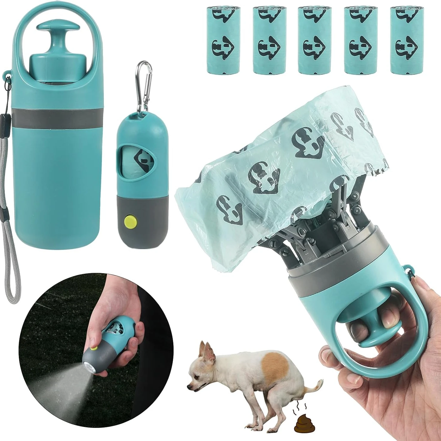 Set di paletta per cacca per cani Raccoglitore di rifiuti per artigli con clip per guinzaglio Dispenser per sacchetti per cacca Luce a LED Strumento di pulizia igienica portatile per cani da compagnia