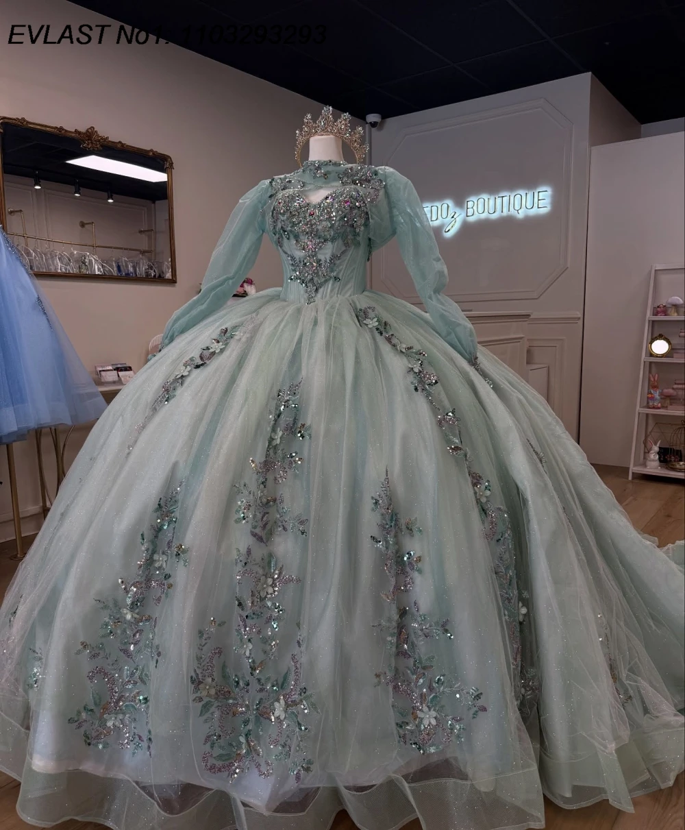 EVLAST Personalizzato Messicano Verde Abito Quinceanera Abito di Sfera Paillettes Oro Applique Che Borda Dolce 16 Abiti Da 15 Anos E1QN787