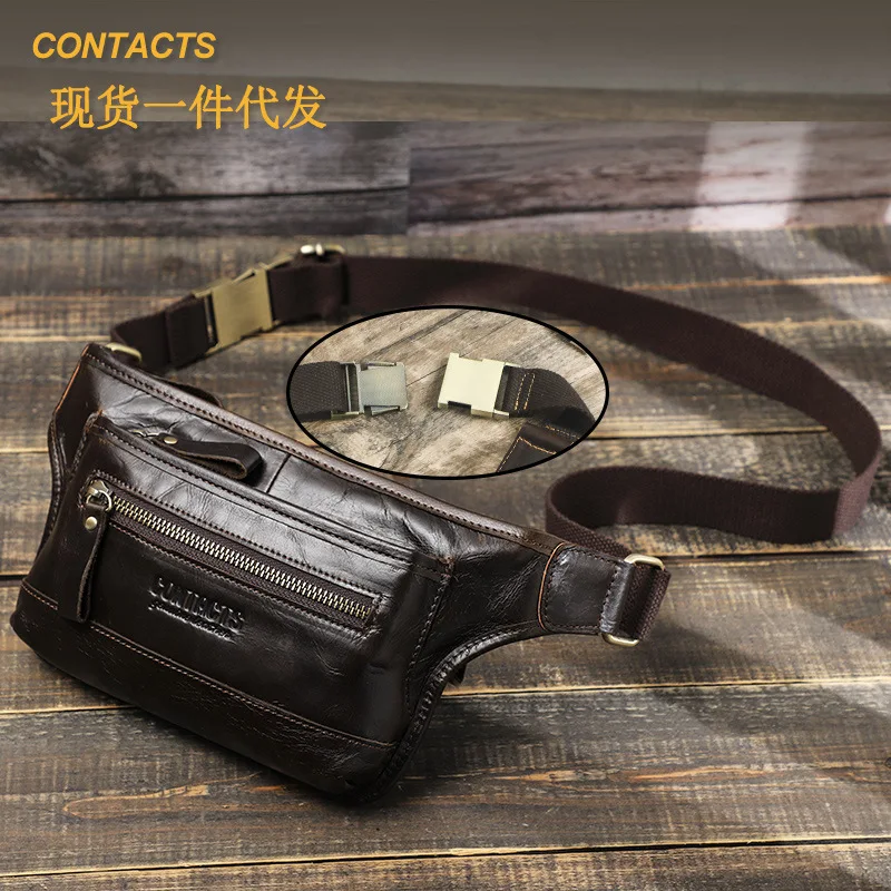 

HTS-MB209 Head Layer Cowhide Multi Compartment Men's Waist Bag, Mobile Phone Fashion Trend Chest Bag