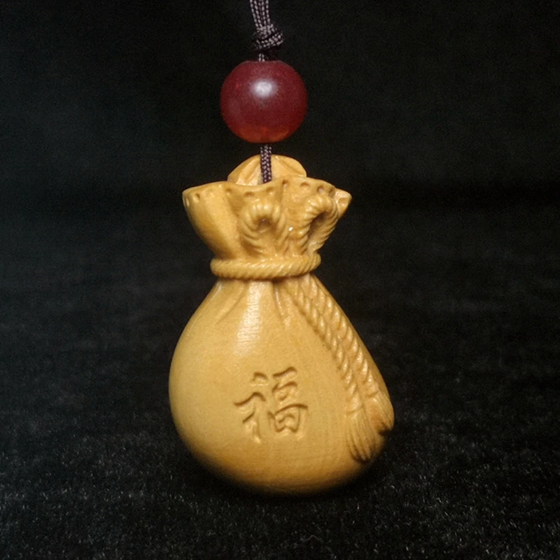 1919 Antique art Size 1.2 Inch Chinese Boxwood Wood Carved Treasure Sack Bag Shape Netsuke Pendant Gift Collection