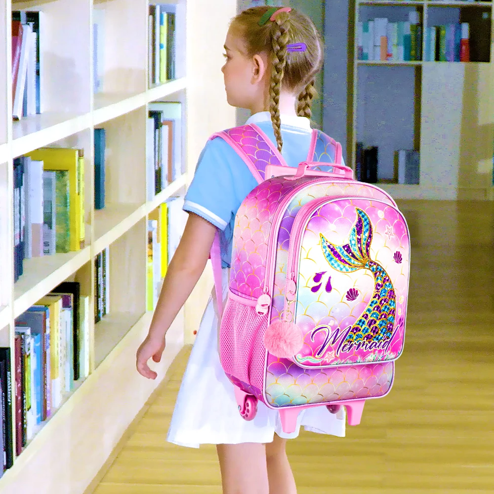 3PCS Mermaid Rolling Backpack for Girls, Kids School Backpacks with Wheels, Water Resistant UV Printed Roller Wheeled Bookbag