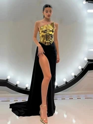 Women New 2024 Sexy Strapless Split Gold Two Piece Set Celebrity INS Evening Party Women's Tail Maxi Skirt Suit