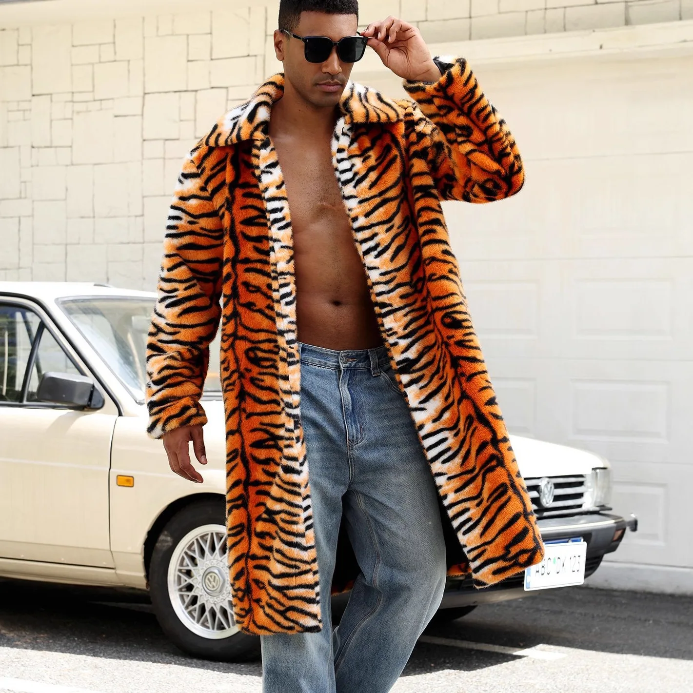 

Мужская куртка с тигровым принтом, имитация меха, осенне-зимняя, с отложным воротником, утепленная